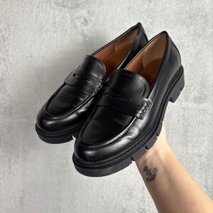 Marc Fisher Womens Black Leather Chunky Lug Sole Penny Loafers Size 8M